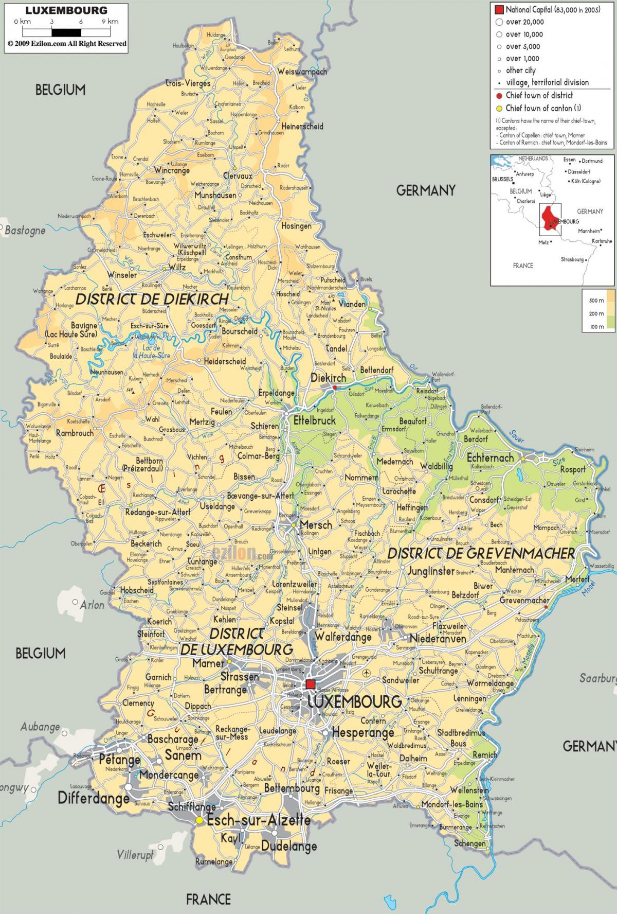 mapa ng Luxembourg pisikal na
